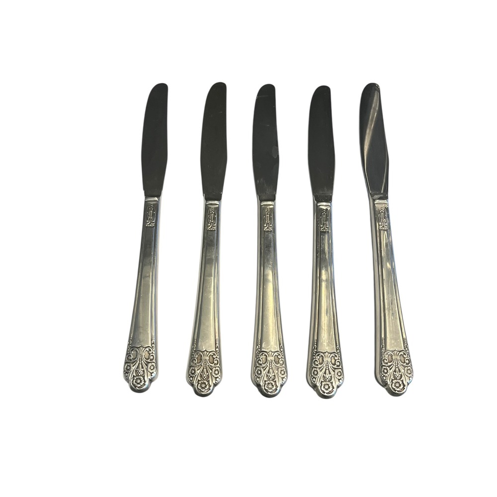 Silver Plated Roger's and Sons Precious Floral Dinner Knives Stainless Set of 5
